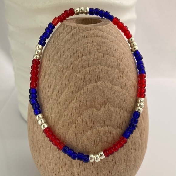 STRETCH Beaded Anklet Red & Blue - Picture 1 of 9